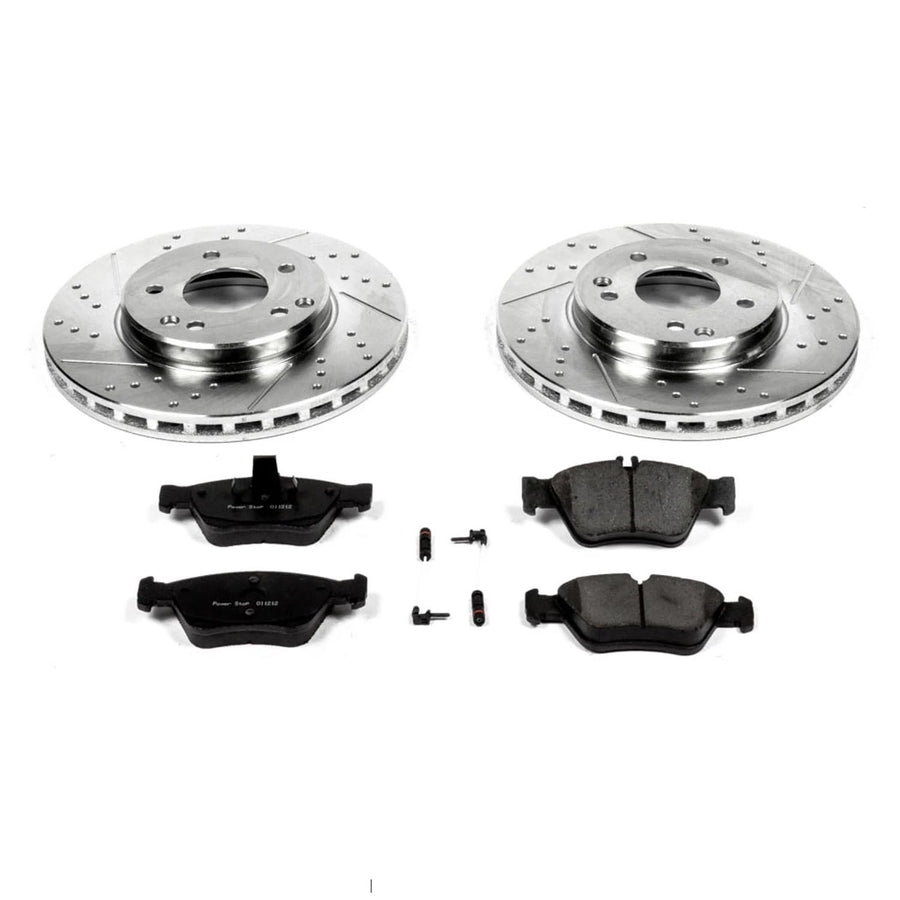 Power Stop K3047 Z23 Carbon Fiber Brake Pads Front with Drilled & Slotted Brake Rotors Kit and 2 Front Sensor Wires For Mercedes C230, Mercedes C280, Mercedes E300, Mercedes SLK230 [Model Specific]