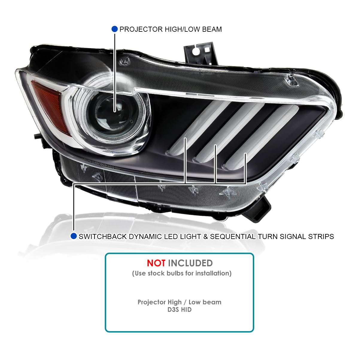 Black Projector Headlights SPEC-D TUNING w/LED Sequential Switchback Turn Signal Strips and Startup Animation Compatible with 2015-2020 Ford Mustang, Left + Right Pair Headlamps Assembly