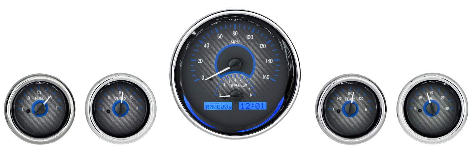 Round Five-Gauge Universal VHX System, Carbon Fiber Style Face, Blue Display