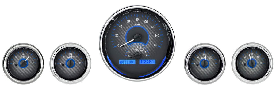 Round Five-Gauge Universal VHX System, Carbon Fiber Style Face, Blue Display