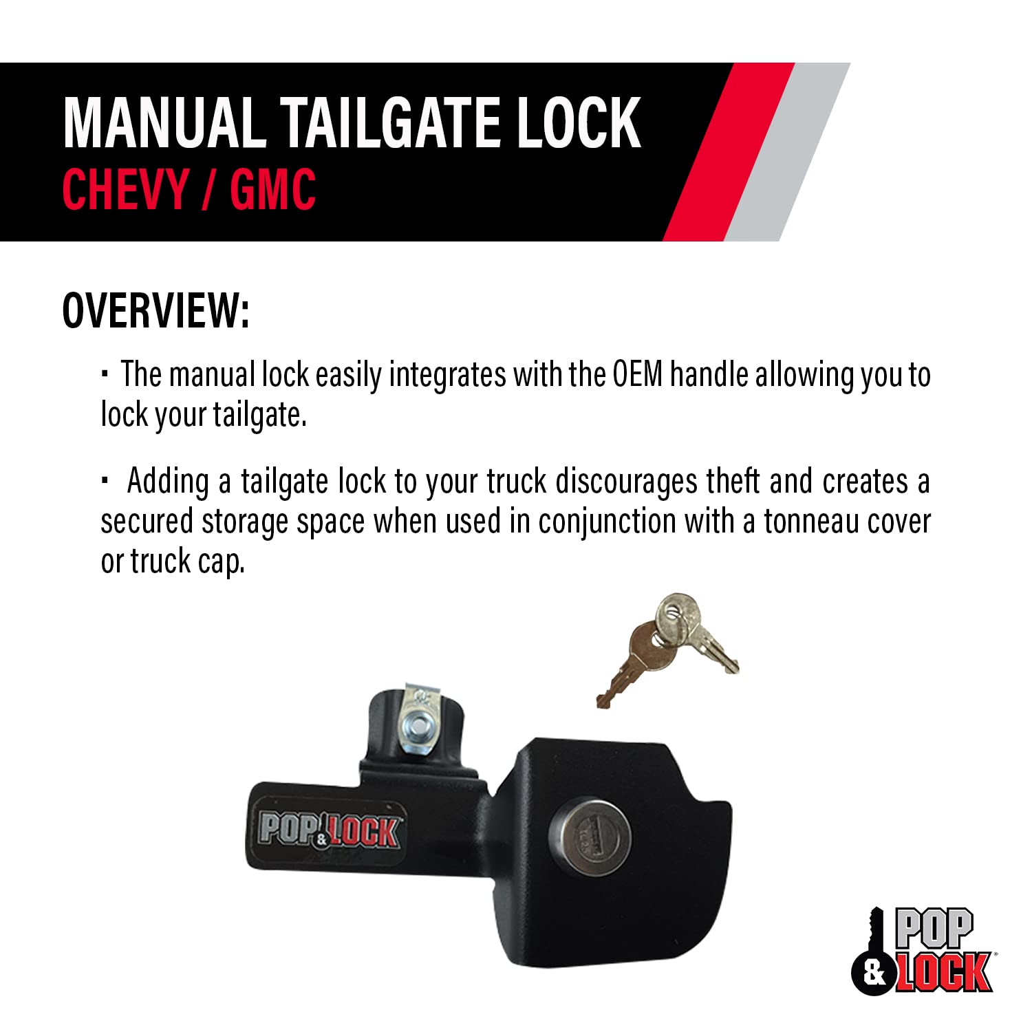 Manual Tailgate Lock – Pop & Lock for Chevy Silverado and GMC Sierra, Fits 1999 to 2007 Models (Black, PL1100)