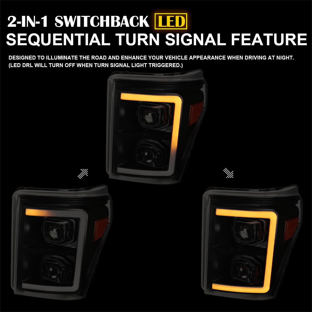 Black Smoke SPEC-D TUNING Projector Headlights w/Switchback Sequential LED Bar and Startup Animation Compatible with 2011-2016 Ford F250, F350, F450, F550 Super Duty, Left + Right Pair Headlamps