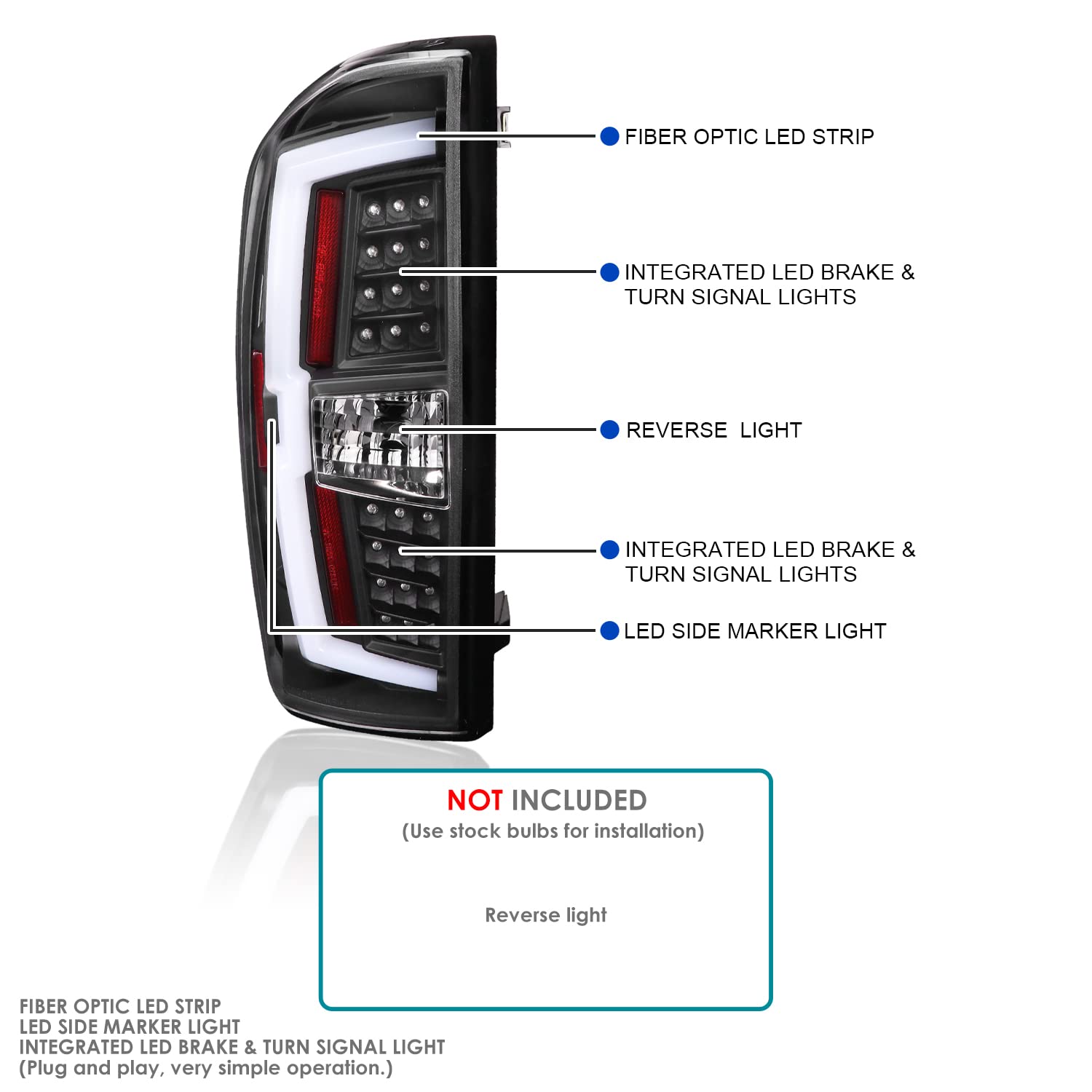 Matte Black LED Tail Lights w/White LED Light Bar SPEC-D TUNING Compatible with 2016-2022 Toyota Tacoma, Left + Right Pair Assembly