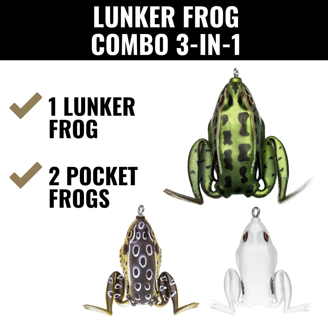 Lunkerhunt Frog Topwater Lures Bass Trout Fishing Kit (3-Pack) | Most Realistic Frog Fishing Lures for Freshwater with Swimming Legs, Weedless Hooks