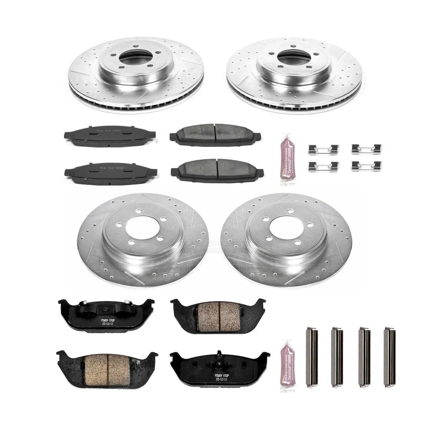 Power Stop K2839 Z23 Carbon Fiber Brake Pads Front and Rear with Drilled & Slotted Brake Rotors Kit For Lincoln Aviator 2003-2005 [Model Specific]