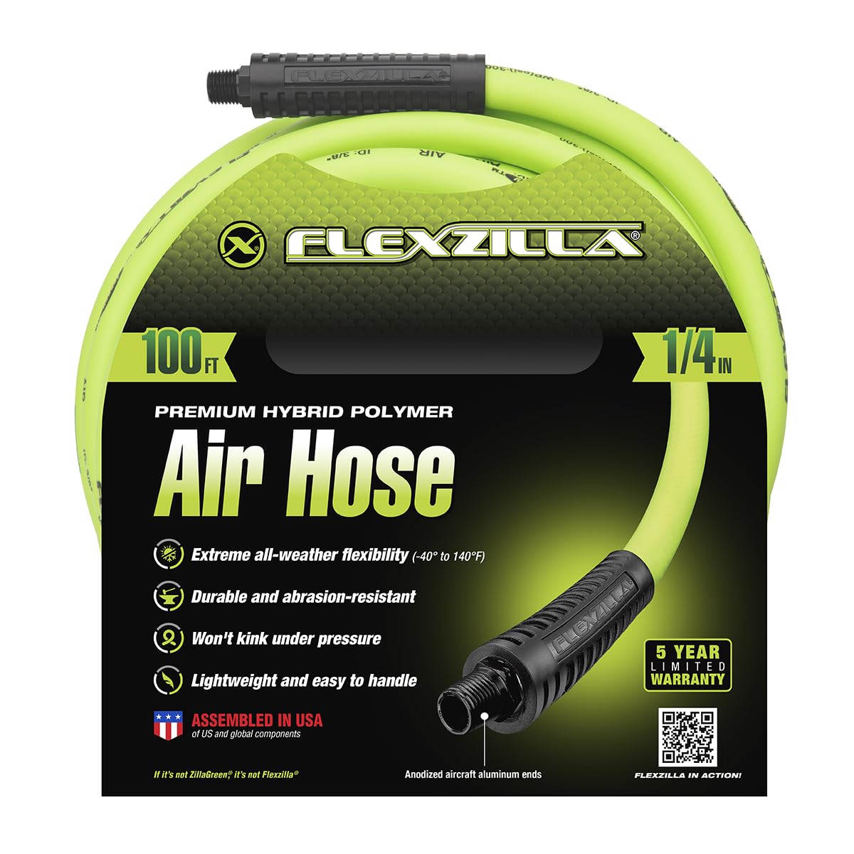 Air Hose Flexzilla, 1/4 In. x 100'., 1/4 In. MNPT Fittings, Heavy Duty, Lightweight, Hybrid, Zillagreen - HFZ14100YW2