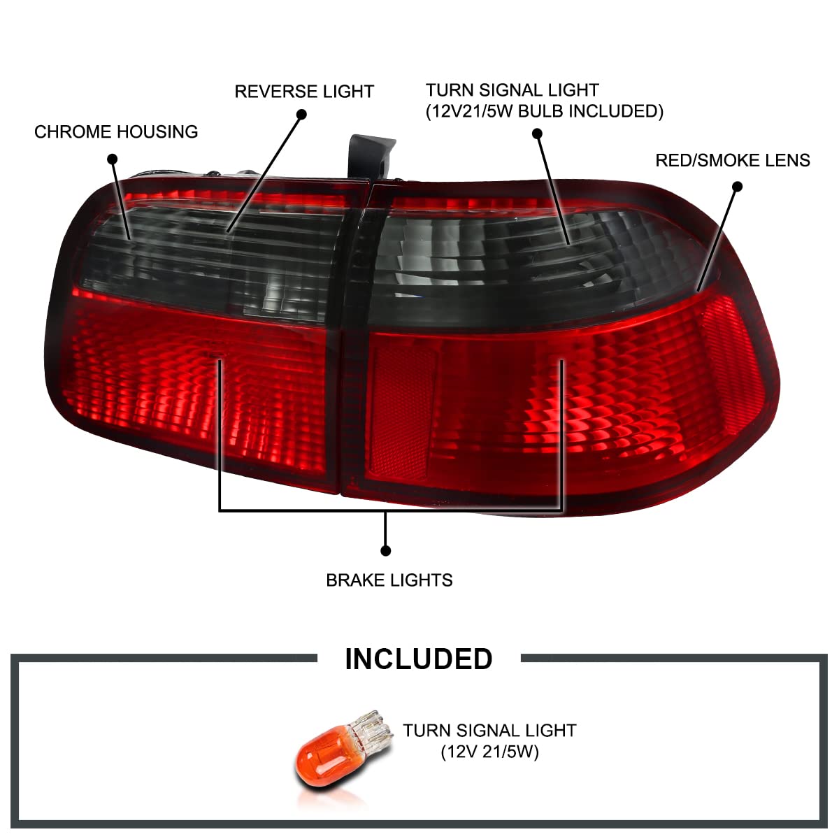 Red Smoke Tail Lights SPEC-D TUNING Compatible with 1999-2000 Honda Civic 4 Door Sedan, Left + Right Pair Assembly