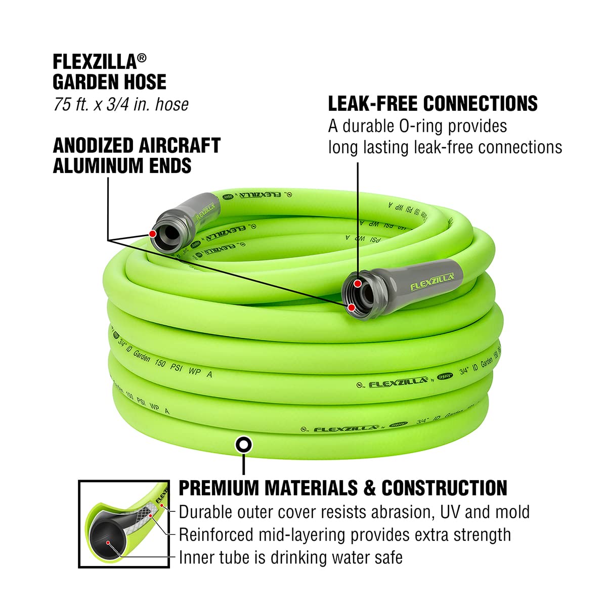 Garden Hose Flexzilla 3/4 in. x 75 ft., Lightweight All-Weather Water Hose, Durable and Flexible, Leak-Free Connections
