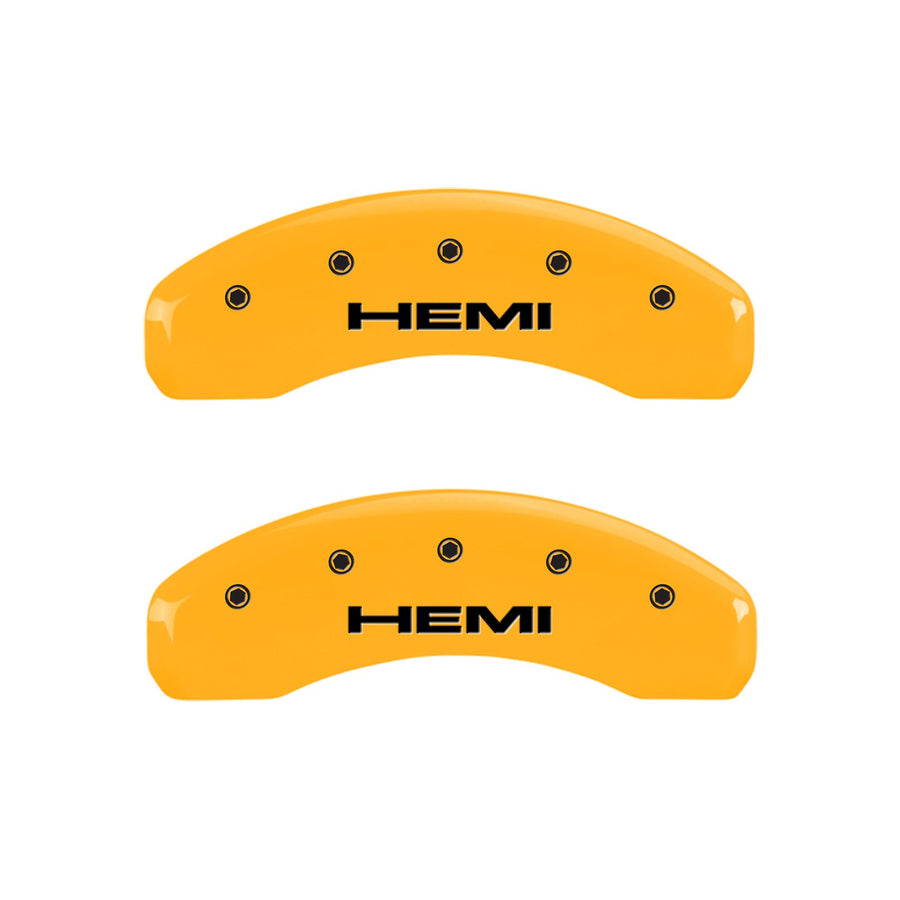 Compatible MGP Caliper Covers with 2011-2018 RAM 1500, 2019-2024 1500 Classic, 2013-23' 1500 Eco Diesel (Fits 18"+ Wheels) Powder-Coated Finish, 4 PCS Front and Rear (Yellow - Hemi Engraving)