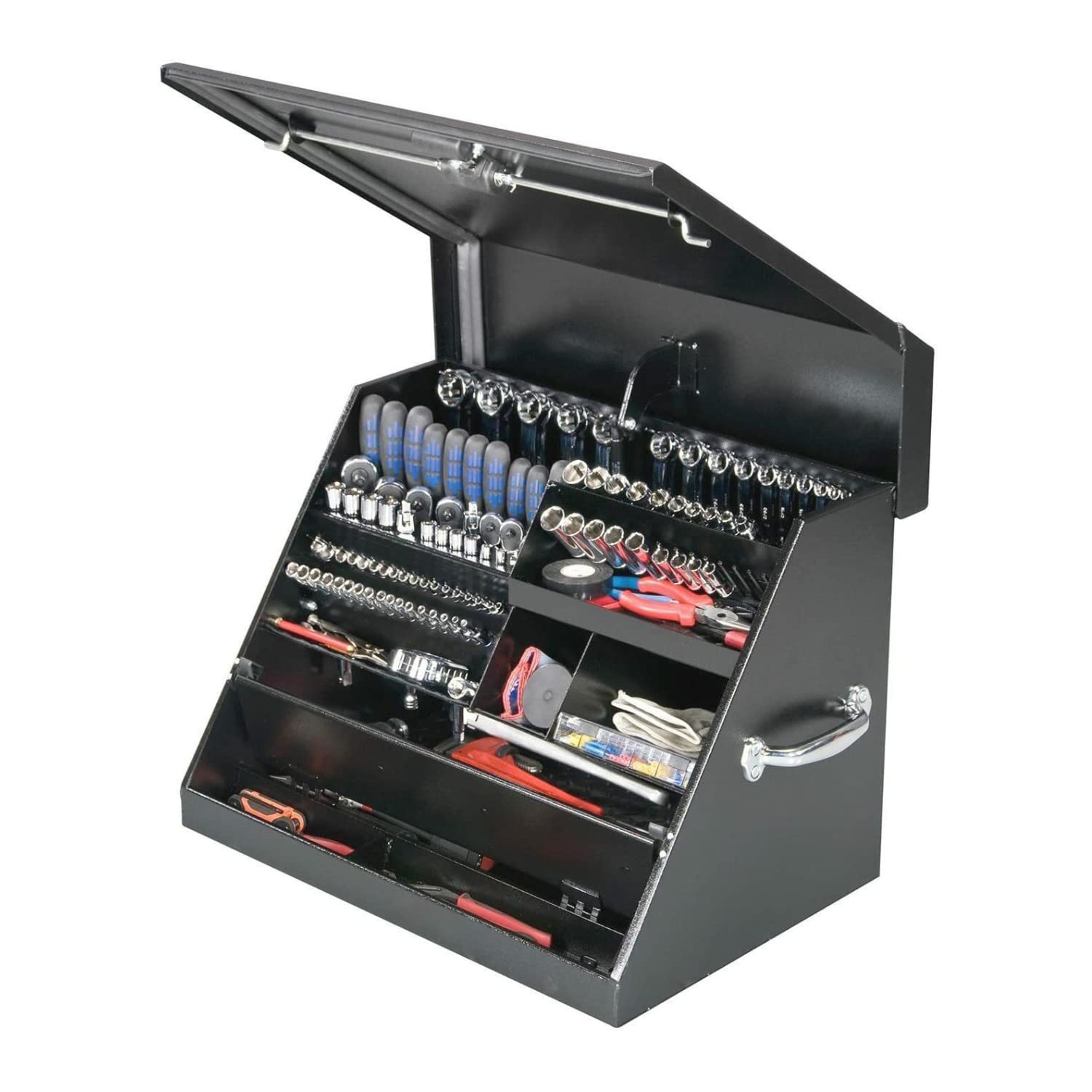 SE250B – Montezuma – 26-Inch Portable TRIANGLE Toolbox – Multi-Tier Design – Heavy-Duty Steel Construction – SAE and Metric Storage Chest – Weather-Resistant Toolbox – Lock and Latching System, Black