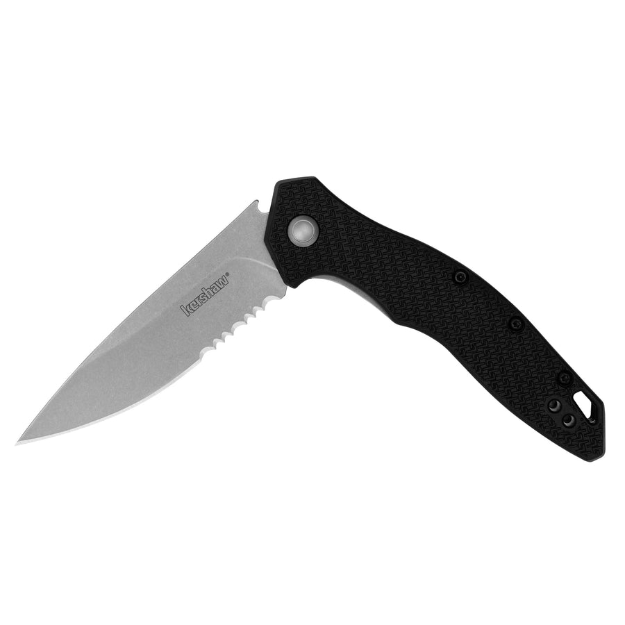 Kershaw Folding Shoreline Pocket Knife, All Purpose 3 inch Serrated Blade, Deep Carry Pocketclip, Black GFN Handle, Stonewashed Blade