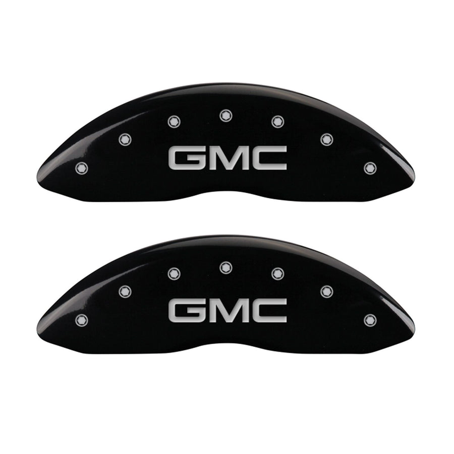 MGP Caliper Covers 'GMC' Engraved Caliper Cover with Black Powder Coat Finish and Silver Characters, 34005SGMCBK (Set of 4)