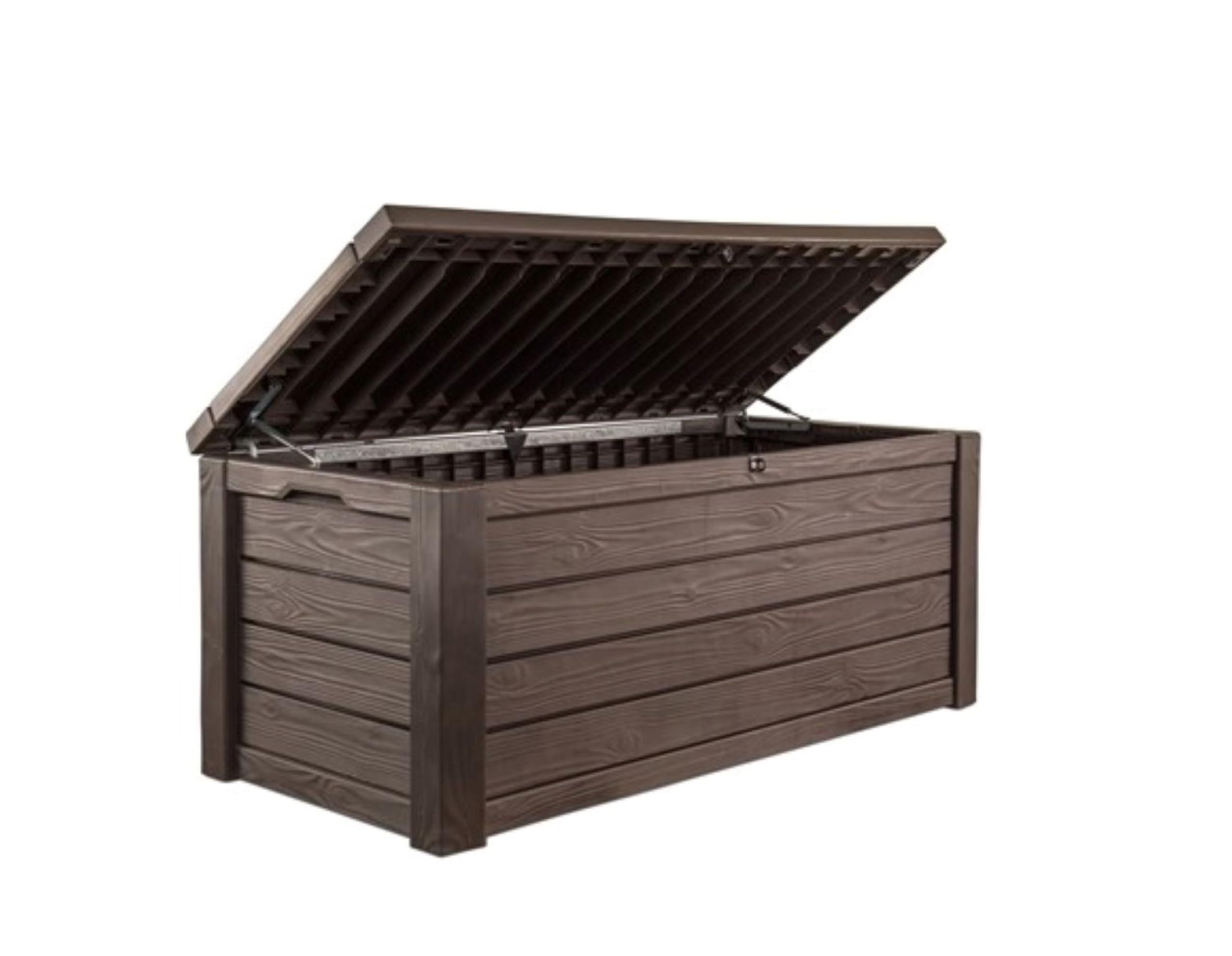Keter 150 Gallon Westwood Deck Box Organizer, Doubles as 2-Person Bench Seat, Brown – Large Resin Outdoor Storage and Seating with Lockable Lid for Garden, Pool, and Patio