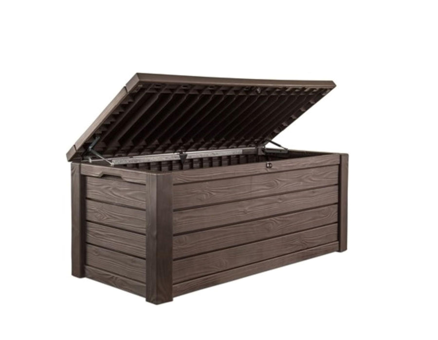 Keter 150 Gallon Westwood Deck Box Organizer, Doubles as 2-Person Bench Seat, Brown – Large Resin Outdoor Storage and Seating with Lockable Lid for Garden, Pool, and Patio