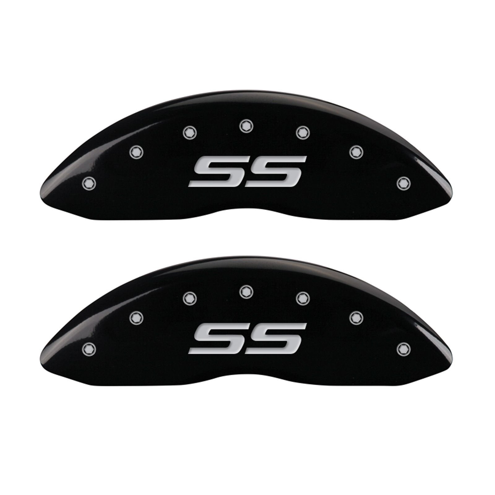 MGP Caliper Covers Front and Rear 14217SSS4BK Black Powder Coat Finish, Set of 4 (Monte Carlo style/SS Silver Characters, Engraved)