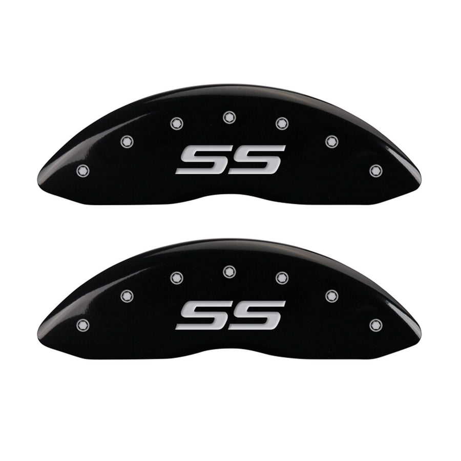 MGP Caliper Covers Front and Rear 14217SSS4BK Black Powder Coat Finish, Set of 4 (Monte Carlo style/SS Silver Characters, Engraved)