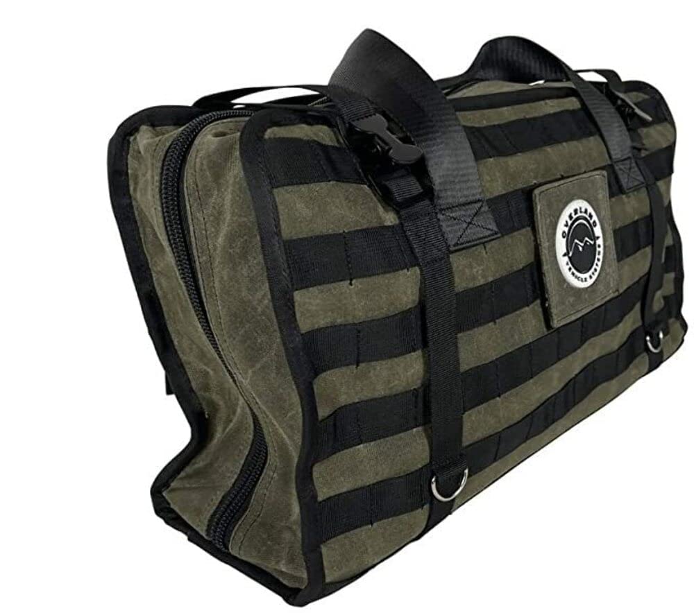 Large Recovery Bag Overland Vehicle Systems with Handle & Straps - #16 Waxed Canvas Storage - Infused with Paraffin Wax Waterproofing - Two Heavy Duty Alligator buckles and Industrial Nylon Handle