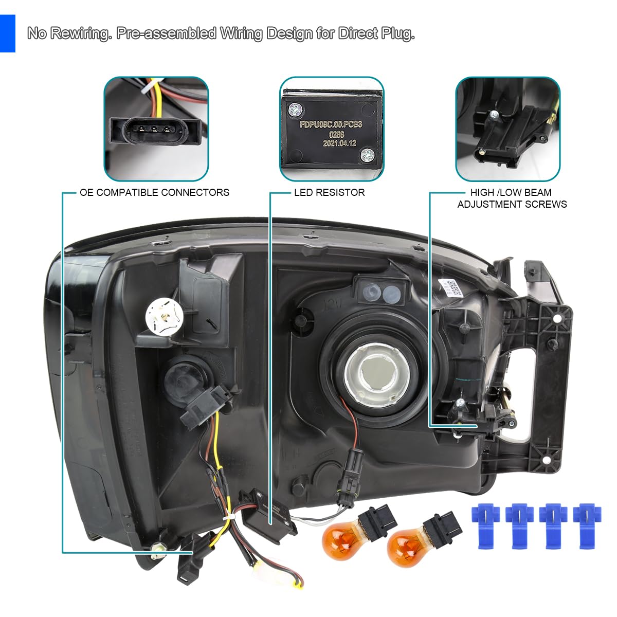 Smoke Headlights SPEC-D TUNING w/LED Bar Compatible with 2006-2008 Dodge Ram 1500/2500 / 3500, 2007-2009 Dodge Ram 2500/3500, Left + Right Pair Headlamps Assembly