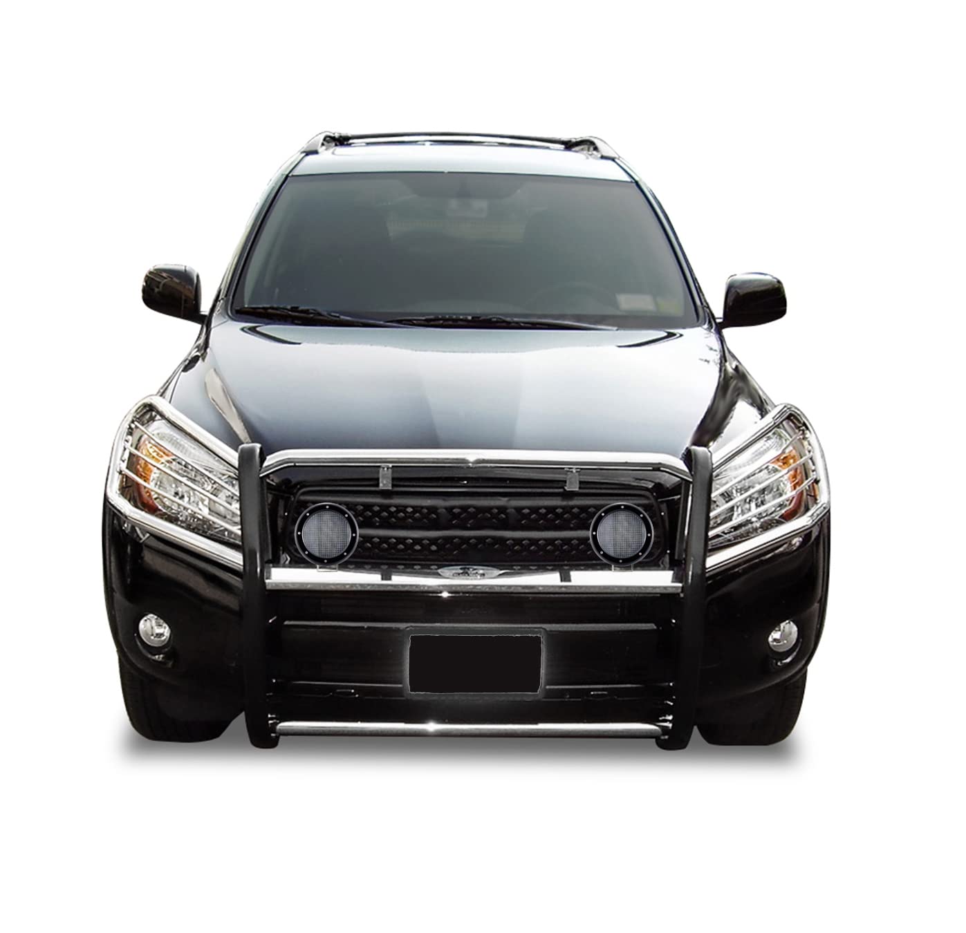 Bumper Guard Black Horse Grille Brush Modular Stainless Steel Come with Pair of 5.3" Dia.LED Lights with Black Trim Rings Compatible with 2006-2018 Toyota RAV4-17A093902MSS-PLFB