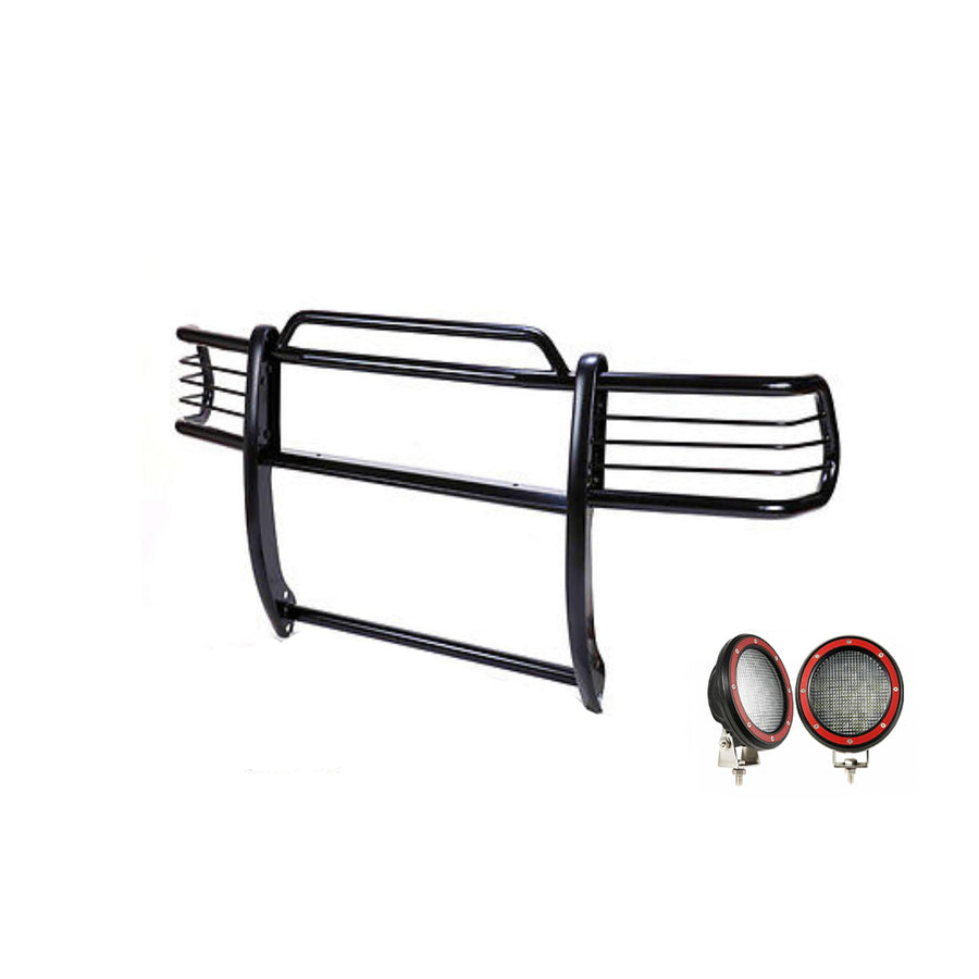 Bumper Guard Black Horse Grille Brush Modular Black Come with Pair of 5.3" Dia.LED Lights with Red Trim Rings Compatible with 2004-2006 Toyota Tundra-17TS27MA-PLFR