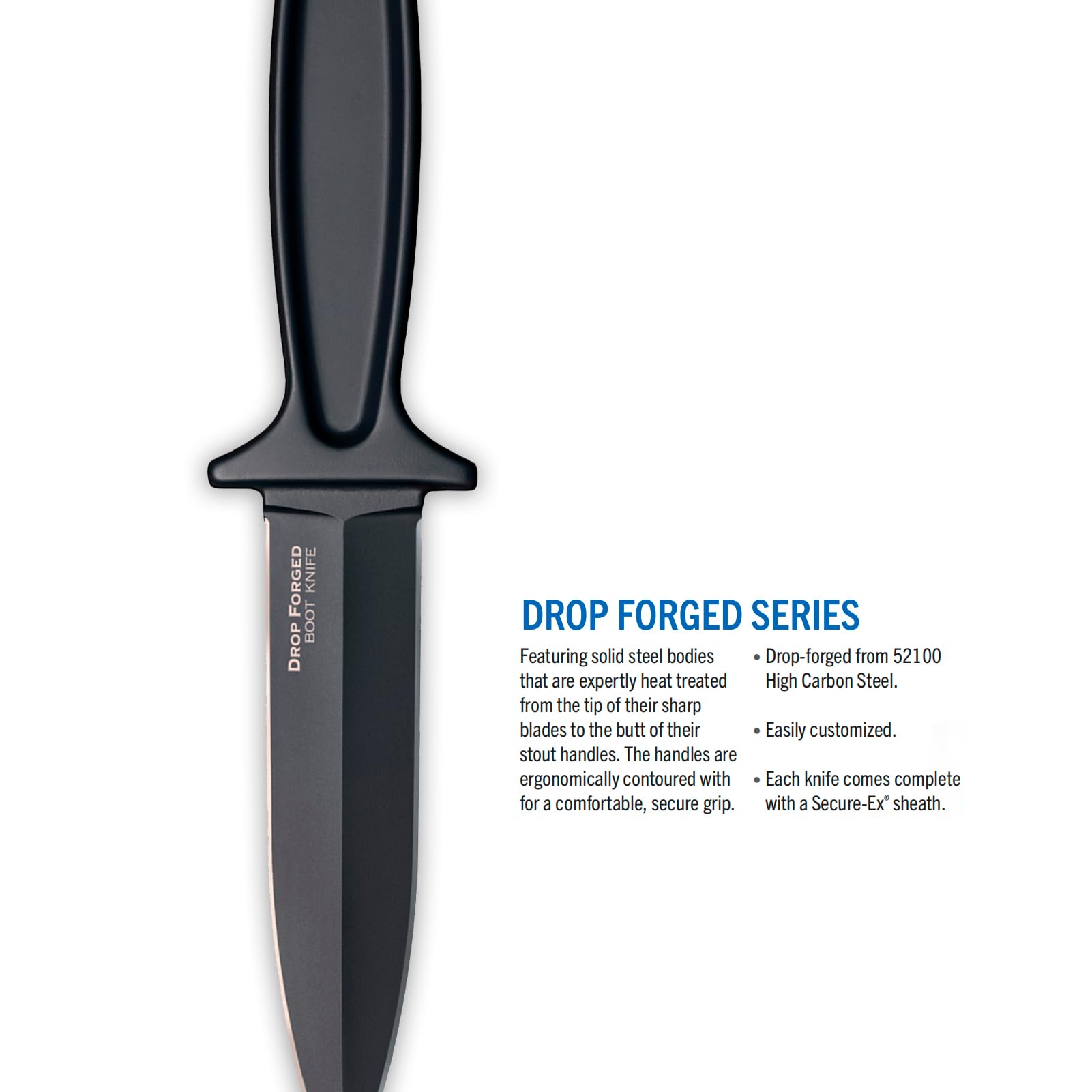 Cold Steel Boot Drop Forged 5" 52100 High-Carbon Steel Spear Point Fixed Blade EDC Concealed Carry Tactical Outdoor Hunting Knife, 4" Ergonomic Handle, Resistant Secure-Ex Sheath