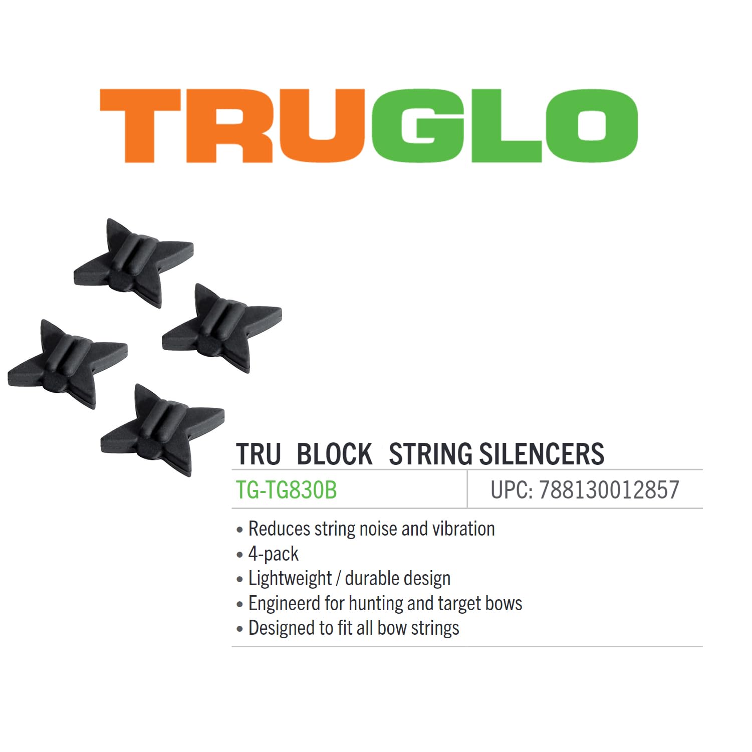 TRUGLO Durable Weather-Resistant Versatile Lightweight Tru-Block Bowhunting Archery Bow String Silencers - Black, 4 Pack
