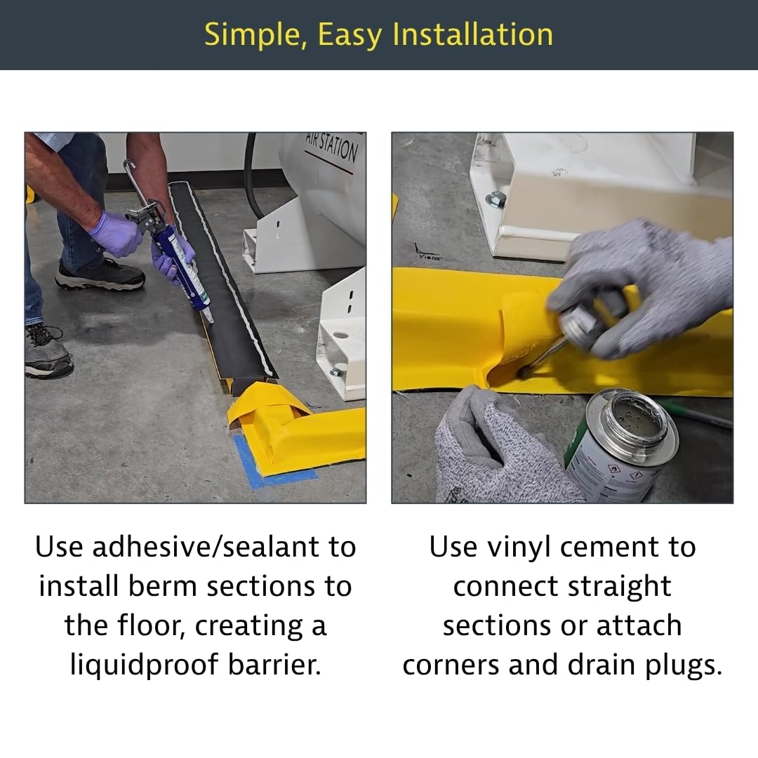 Justrite Fuel Spill Containment Curbs Make-A-Berm™ Set (2 Pieces) 5' Long x 4" High Straight Section, Custom Chemical Spill Containment Berm System, Yellow PVC Coated Fabric, Made in The USA, 28487