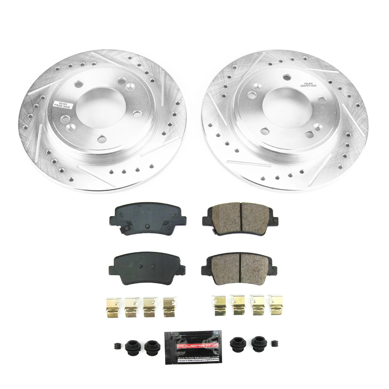 Power Stop K8769 Rear Carbon-Fiber Ceramic Brake Pad with Drilled and Slotted Rotor Kit Z23 Daily Driver For Hyundai Elantra 2021-2023 [Model Specific]