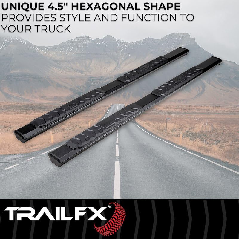 TrailFX AL4026B Nerf Bar, 4-1/2 Inch Hexagonal Straight, with Step Pads, Rocker Panel Mount, Powder Coated, Black, Aluminum, with Plastic End Caps/Bracket Covers, Fits 2024-2025 Toyota Land Cruiser