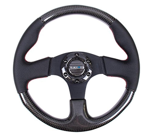 NRG Innovations Carbon Fiber Steering Wheel NRG-ST-310CFRS, 315mm with Red Stitching, Perforated Leather Trim