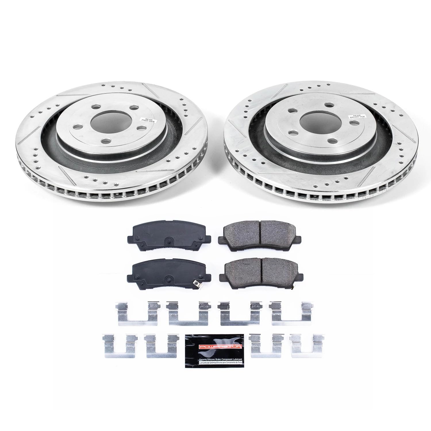 Power Stop K6812 Rear Brake Pads Z23 Carbon Fiber with Drilled & Slotted Brake Rotors Kit For Ford Mustang 2015-2022 [Model Specific]
