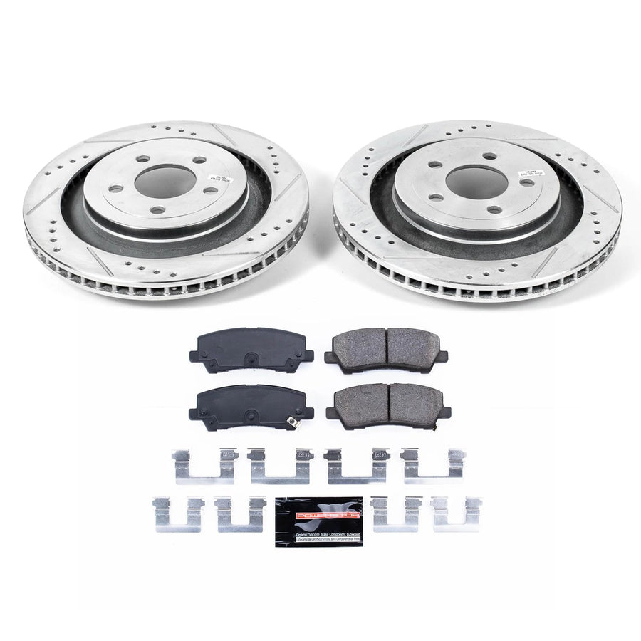 Power Stop K6812 Rear Brake Pads Z23 Carbon Fiber with Drilled & Slotted Brake Rotors Kit For Ford Mustang 2015-2022 [Model Specific]