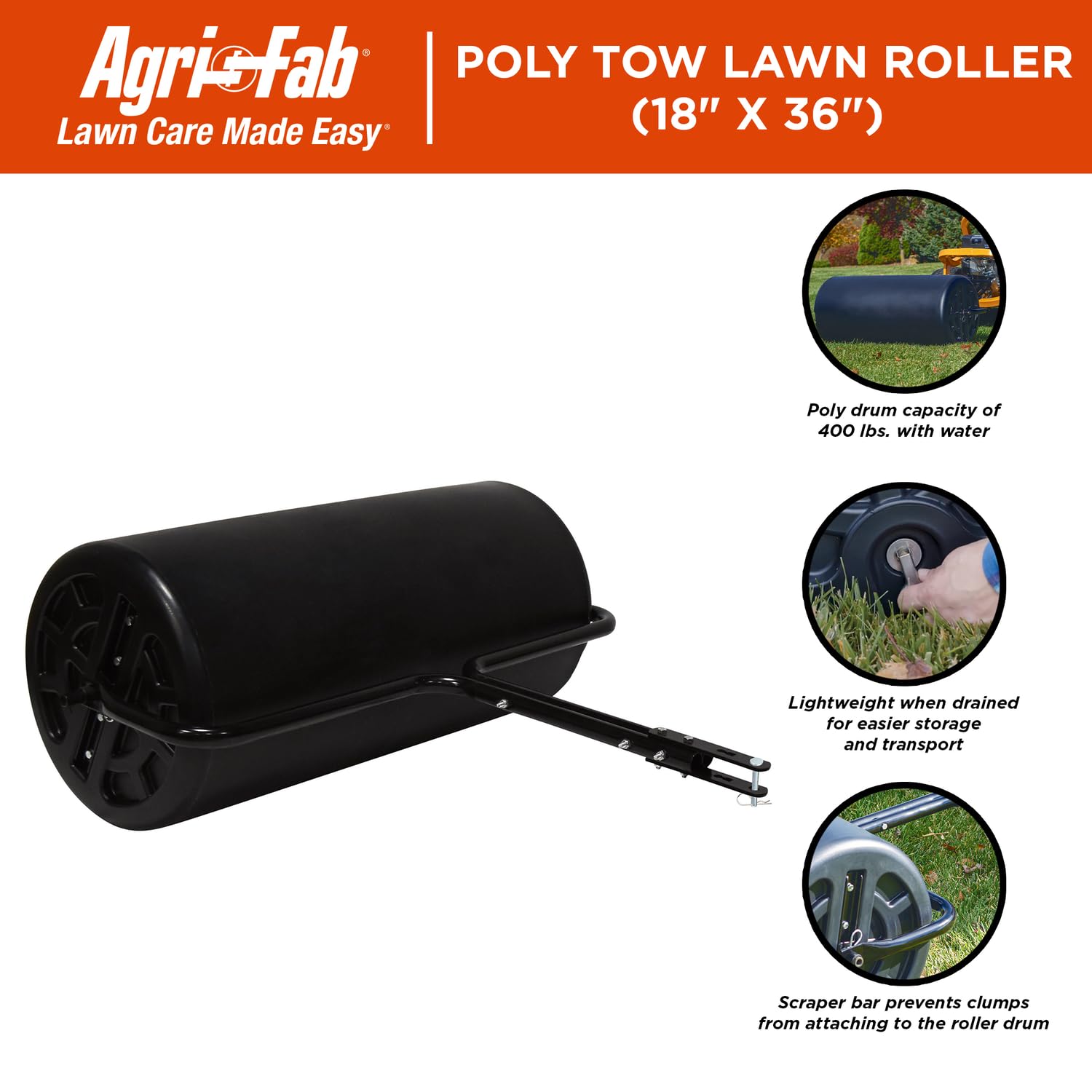 18" x 36" Agri-Fab Tow Behind Poly Lawn Roller 400 lbs weight with water, Poly Drum and Steel Frame, with Plug. Designed for Lawn and Garden Tractors