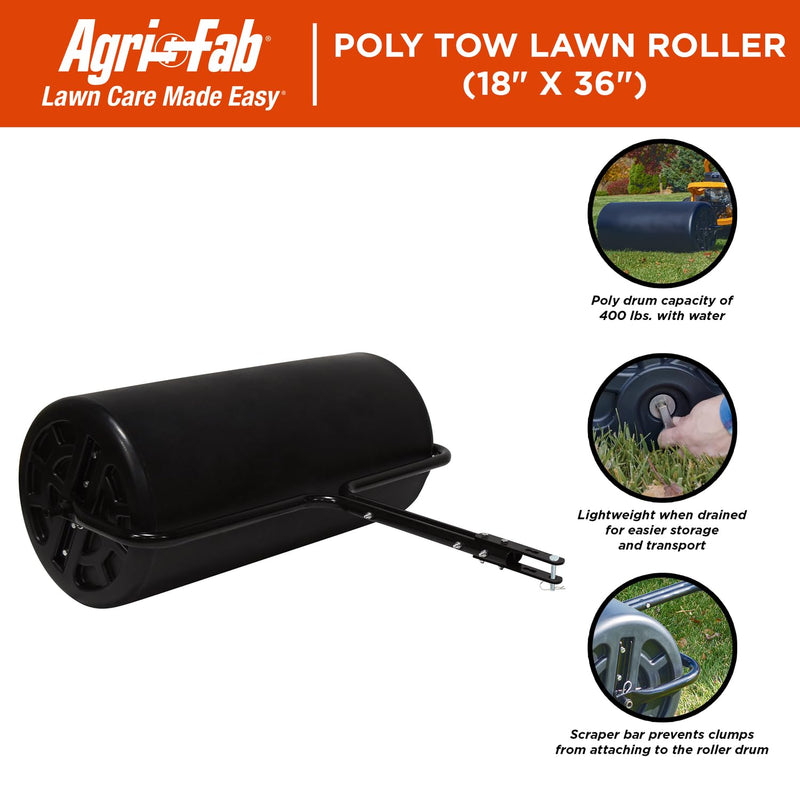 18" x 36" Agri-Fab Tow Behind Poly Lawn Roller 400 lbs weight with water, Poly Drum and Steel Frame, with Plug. Designed for Lawn and Garden Tractors