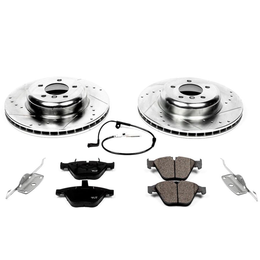 Power Stop K2918 Z23 Carbon Fiber Brake Pads Front with Drilled & Slotted Brake Rotors Kit and 1 Front Sensor Wire For BMW 535i, BMW 545i, BMW 550i, BMW 645Ci, BMW 650i [Model Specific]