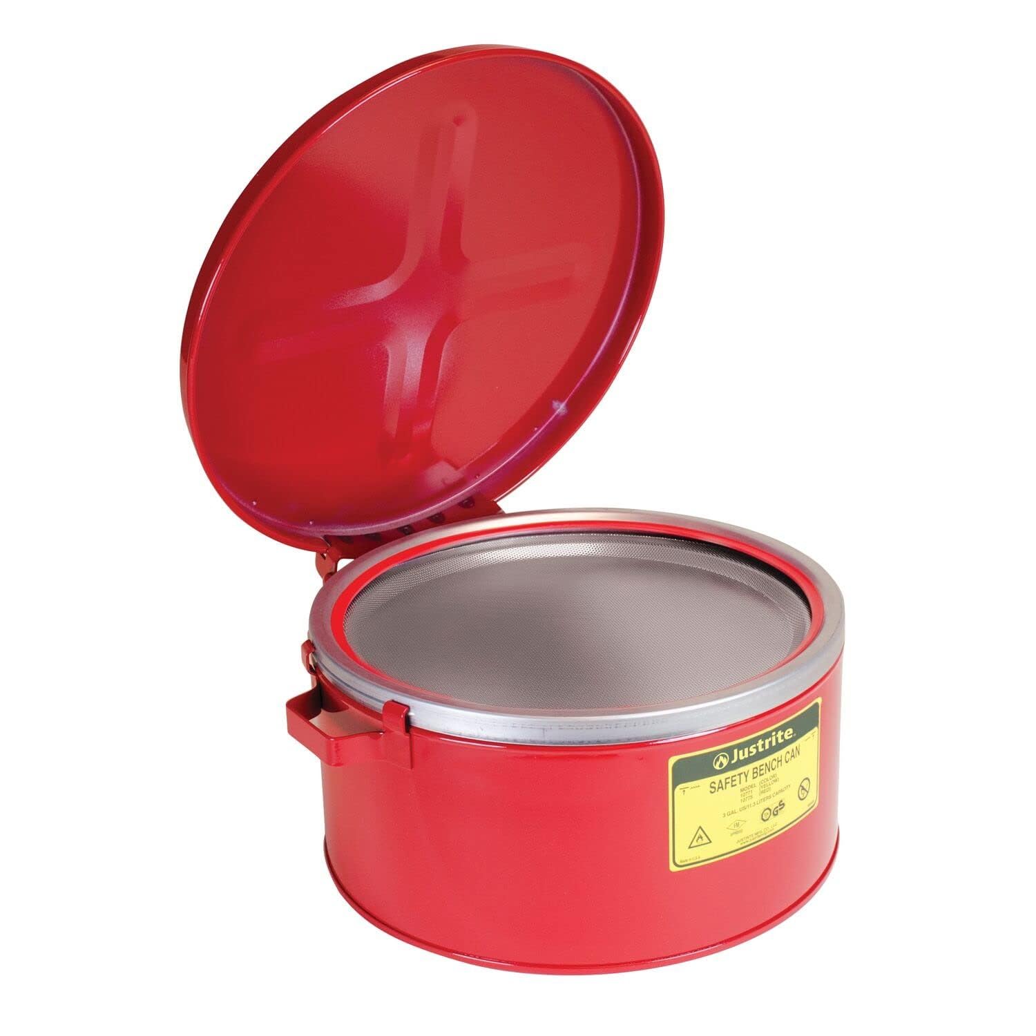Justrite 10775 3 Gallon, 6" H, 12 1/8" Diameter, 13 1/2" O.D 24 Gauge Premium Coated Steel Bench Can, Red