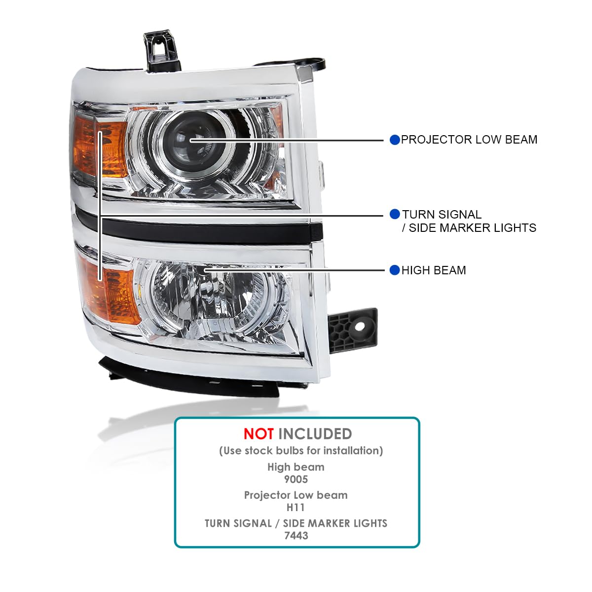 Chrome Projector Headlights w/Silver Trim SPEC-D TUNING Compatible with 2014-2015 Chevy Silverado 1500, Left + Right Pair Headlamps Assembly