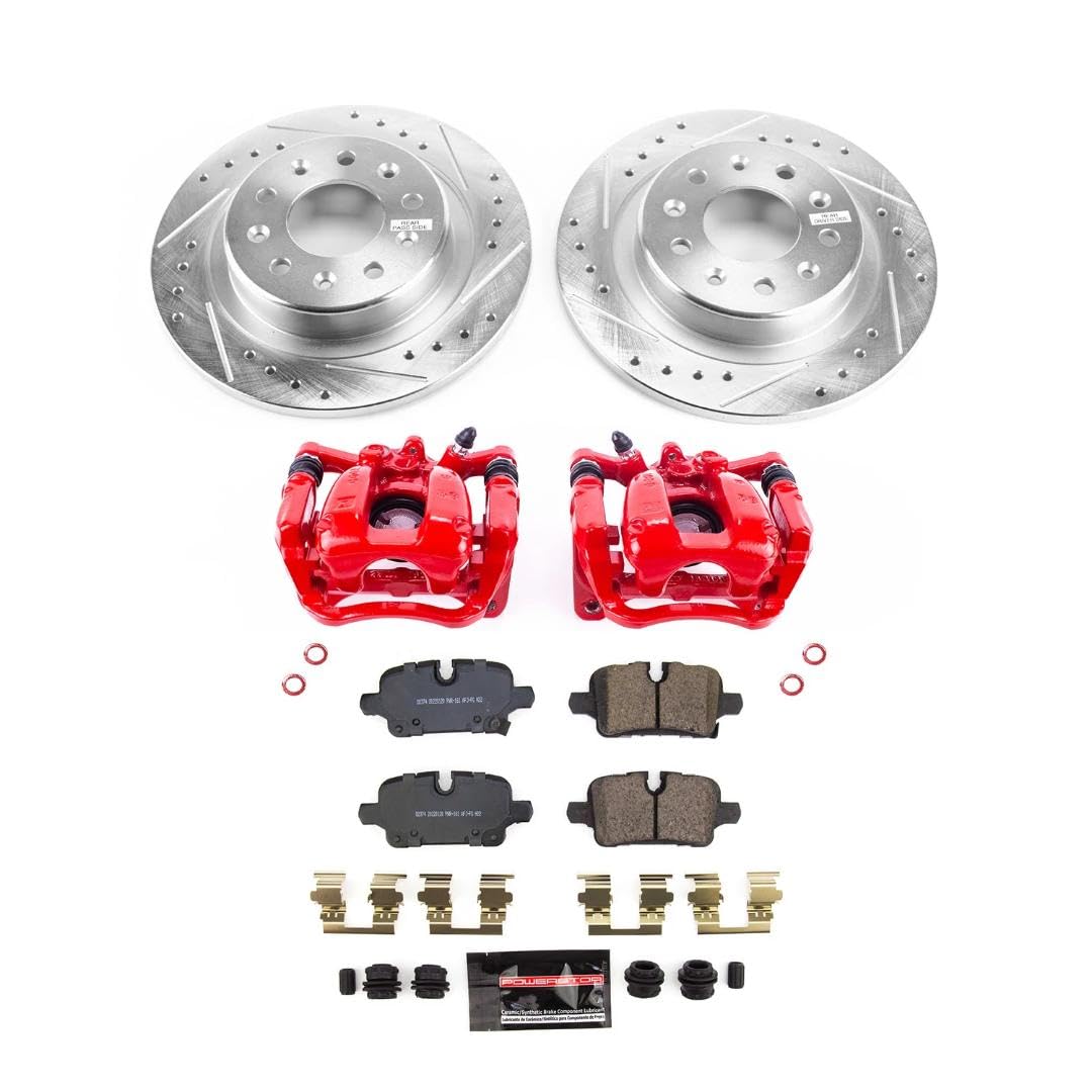 Power Stop Z23 Daily Driver Brake Pad and Rotor Kit Rear with Red Powder Coated Calipers For Chevrolet Equinox 2022, Chevrolet Malibu 2020-2022, GMC Terrain 2022 [Model Specific]