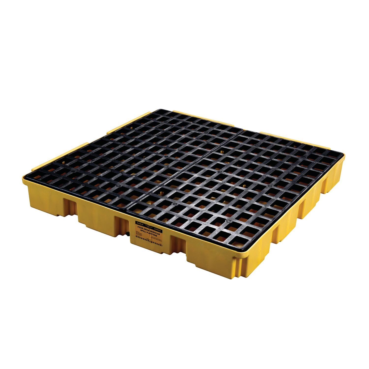 4 Drum Eagle Square Spill Platform with Drain and Forklift Pockets, 51.5"x51.5"x6.5", 60.5 Gallon Sump, 10,000 lbs. Load Capacity Containment Tray, Made in USA, Yellow, 1635D
