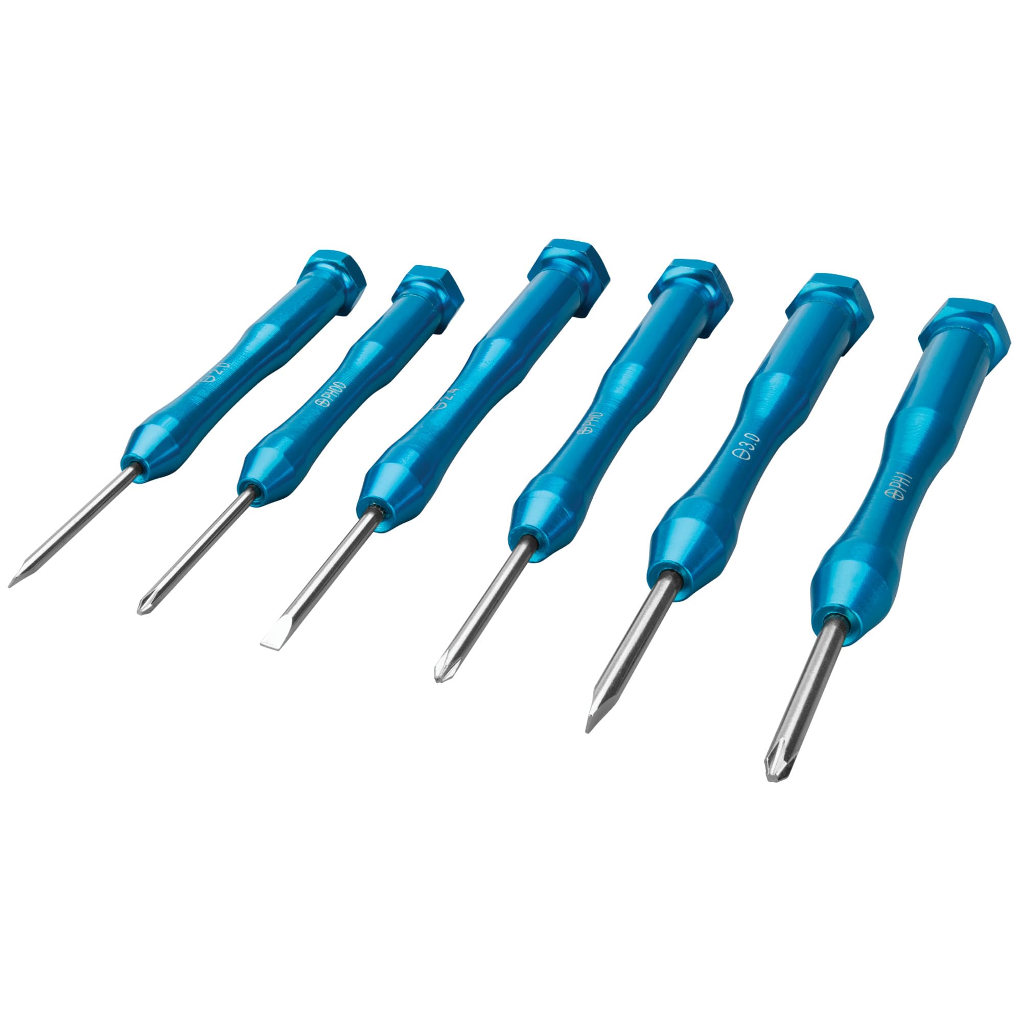 W80032 Performance Tool 6-Piece Aluminum Precision Screwdriver Set with Clear Case, 3 Slotted, 3 Phillips, Rotating Cap Aluminum Handles, Precision Ground Tips, Blue Anodized Aluminum Handles