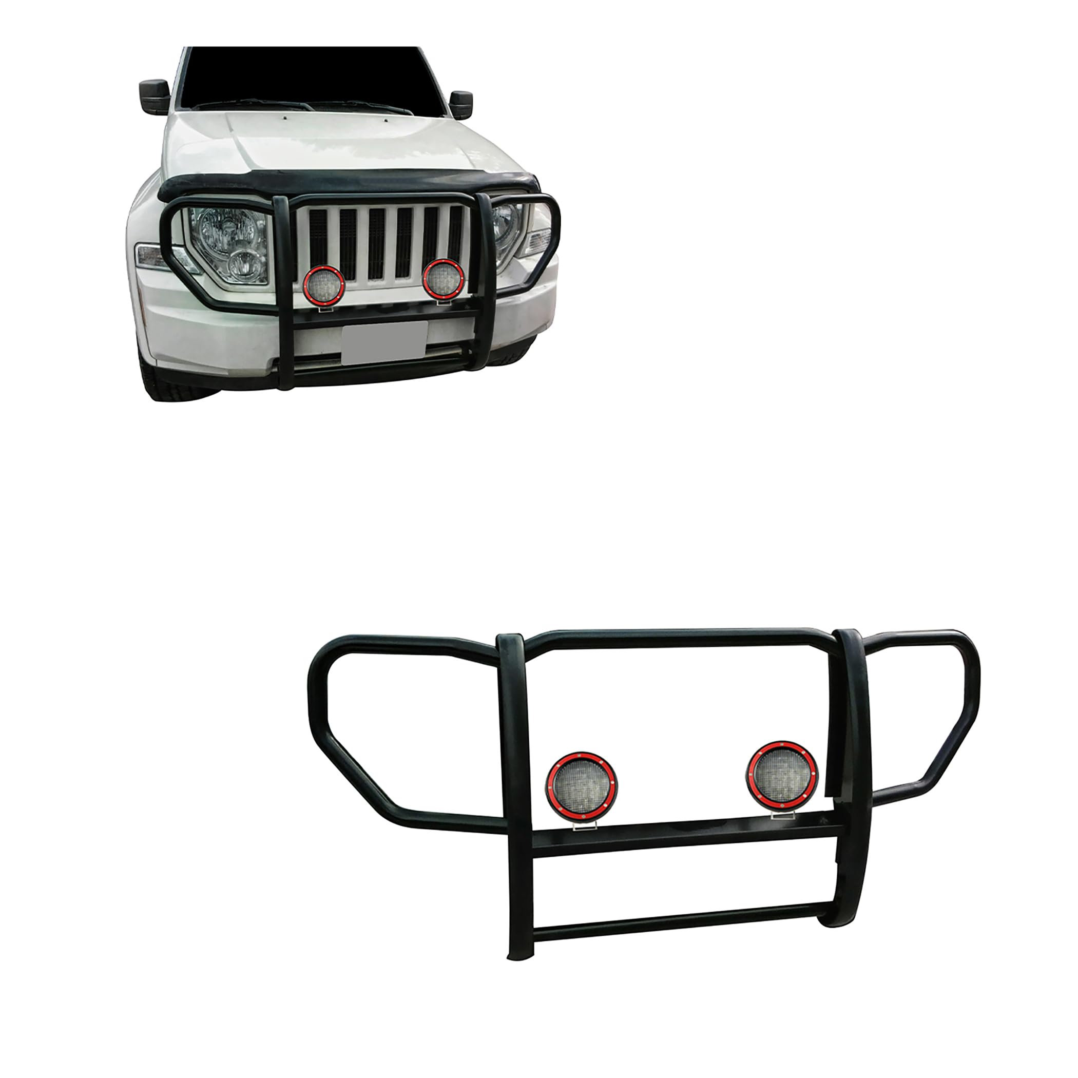 Grille Brush Black Horse Bumper Guard 1-Piece Black Come with Pair of 5.3" Dia.LED Lights with Red Trim Rings Compatible with 2008-2012 Jeep Liberty-17A086400A-PLFR