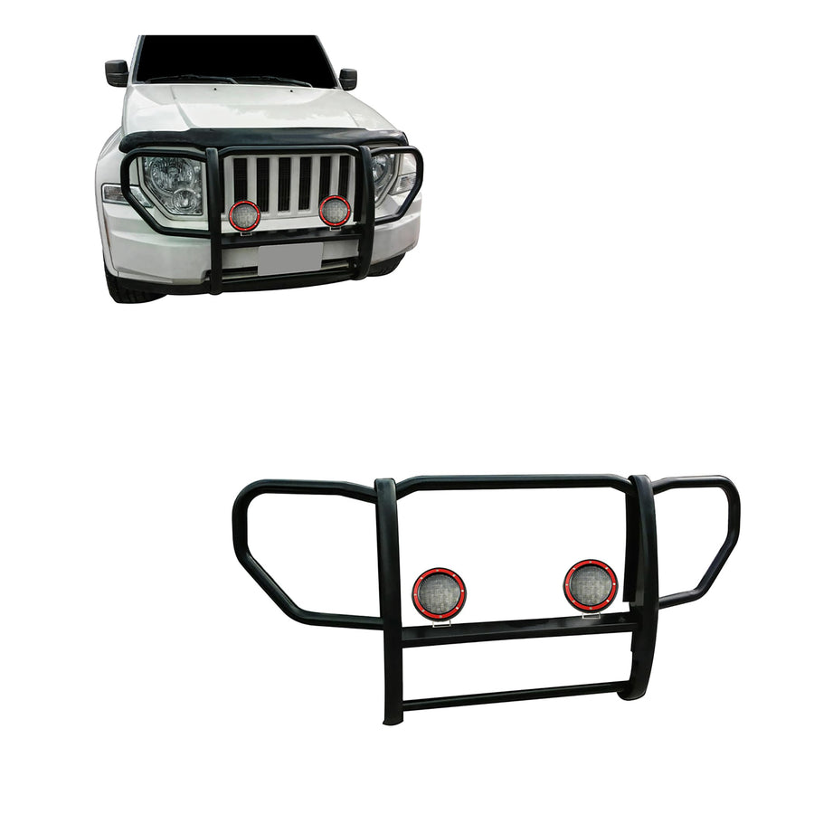 Grille Brush Black Horse Bumper Guard 1-Piece Black Come with Pair of 5.3" Dia.LED Lights with Red Trim Rings Compatible with 2008-2012 Jeep Liberty-17A086400A-PLFR