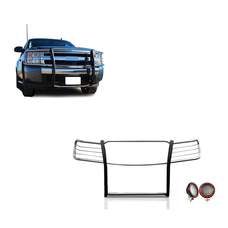 Grille Brush Black Horse Bumper Guard Modular Stainless Steel Come with Pair of 5.3" Dia.LED Lights with Red Trim Rings Compatible with 2007-2013 Chevrolet Silverado 1500-17A035700A2MSS-PLFR