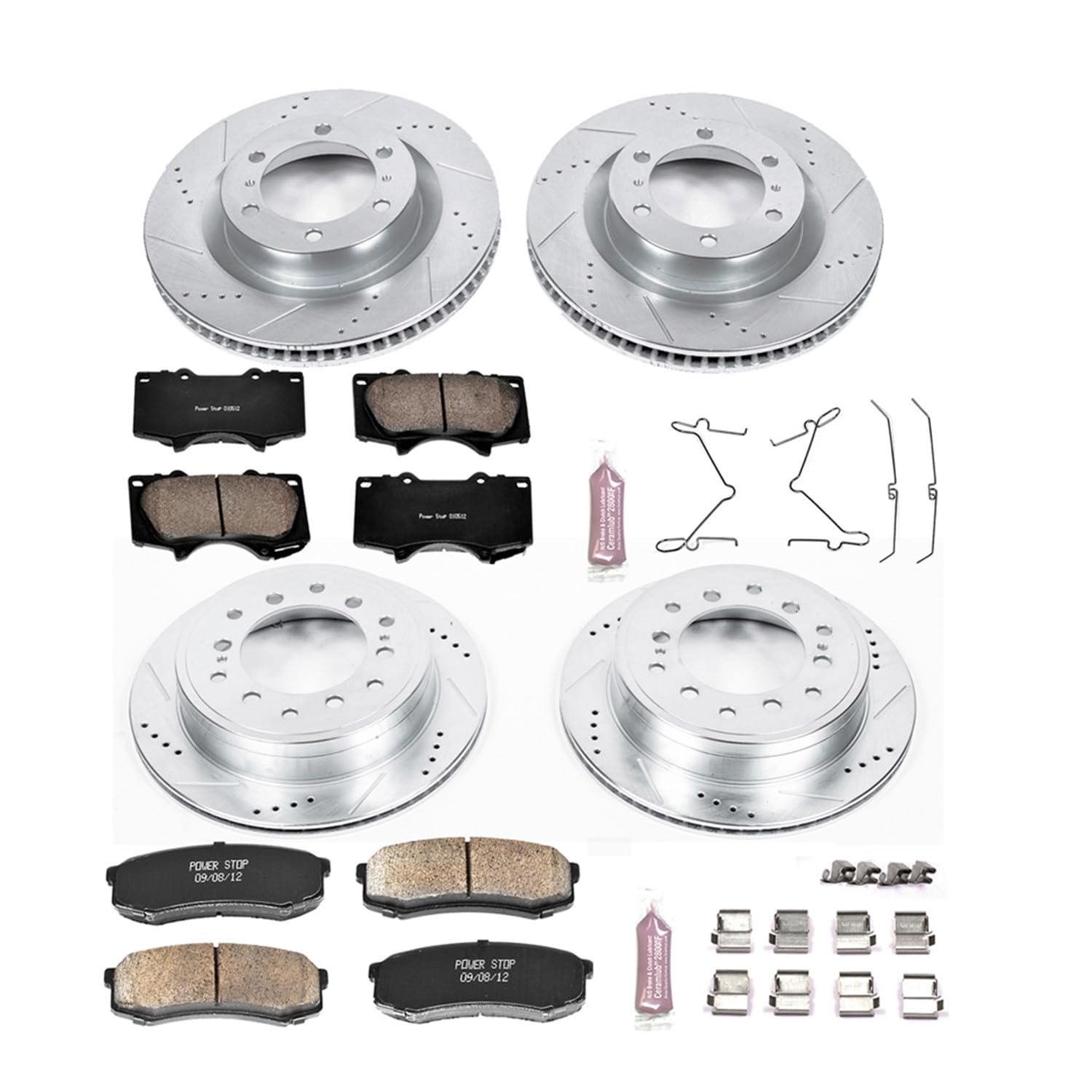 Brake Kit Power Stop For Lexus GX460 Toyota 4Runner - Front and Rear Z23 Carbon Fiber Brake Pads with Drilled and Slotted Brake Rotors Replacement, K5874
