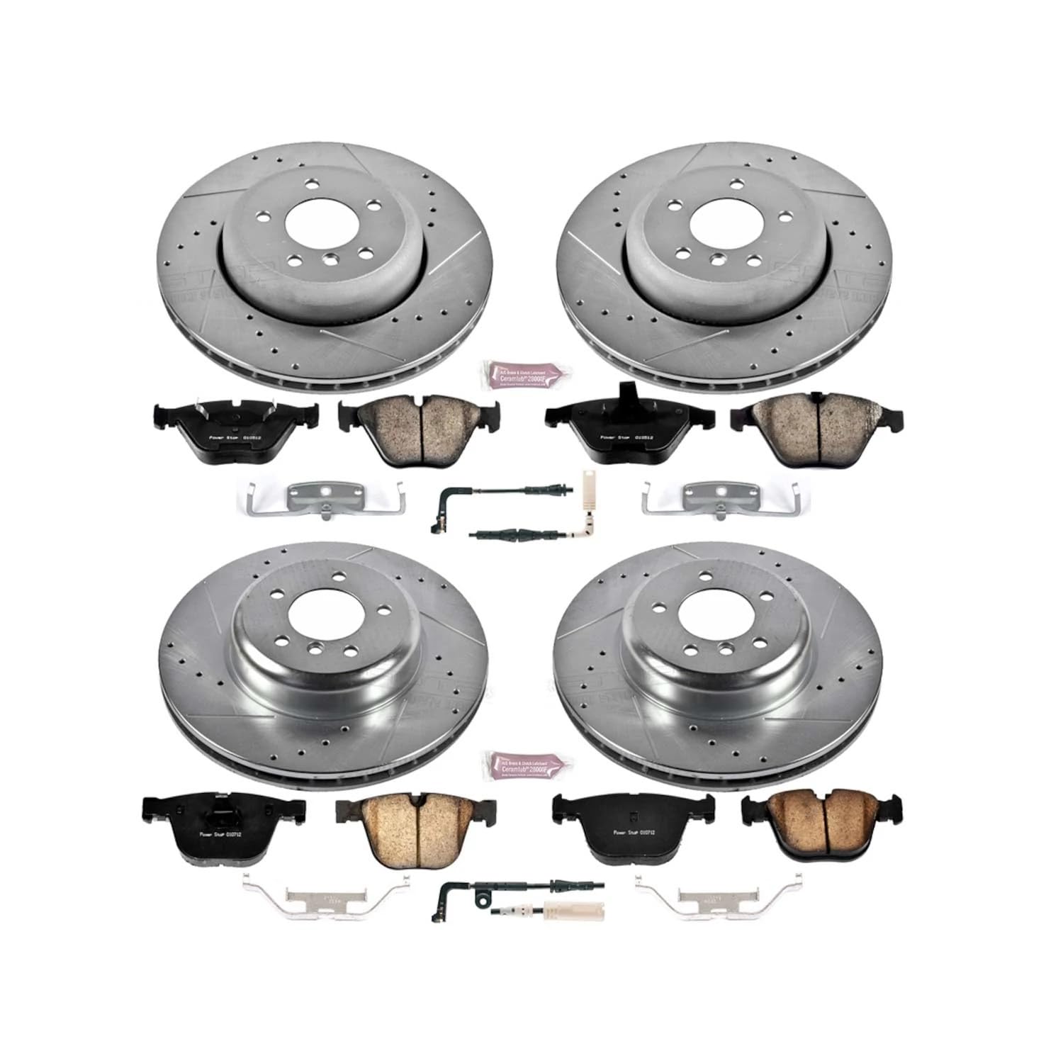 Power Stop K2877 Z23 Carbon Fiber Brake Pads Front and Rear with Drilled & Slotted Brake Rotors Kit and 1 Front & 1 Rear Sensor Wires For BMW 535i, 545i, 550i, 645Ci, 650i [Model Specific]