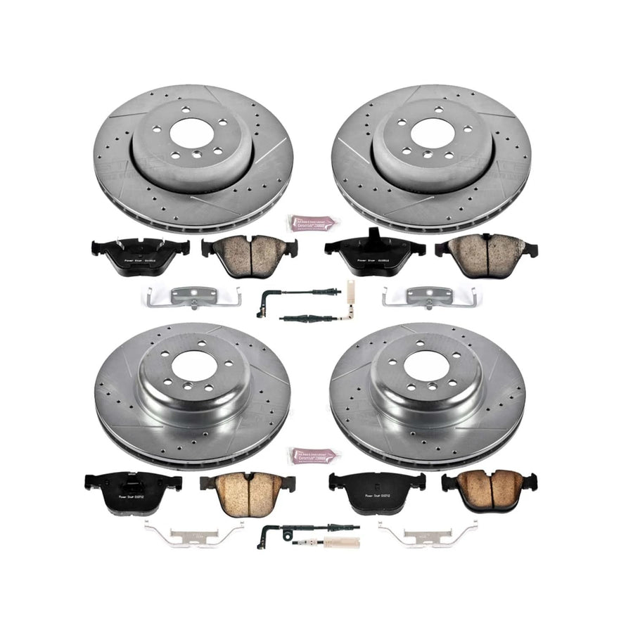 Power Stop K2877 Z23 Carbon Fiber Brake Pads Front and Rear with Drilled & Slotted Brake Rotors Kit and 1 Front & 1 Rear Sensor Wires For BMW 535i, 545i, 550i, 645Ci, 650i [Model Specific]