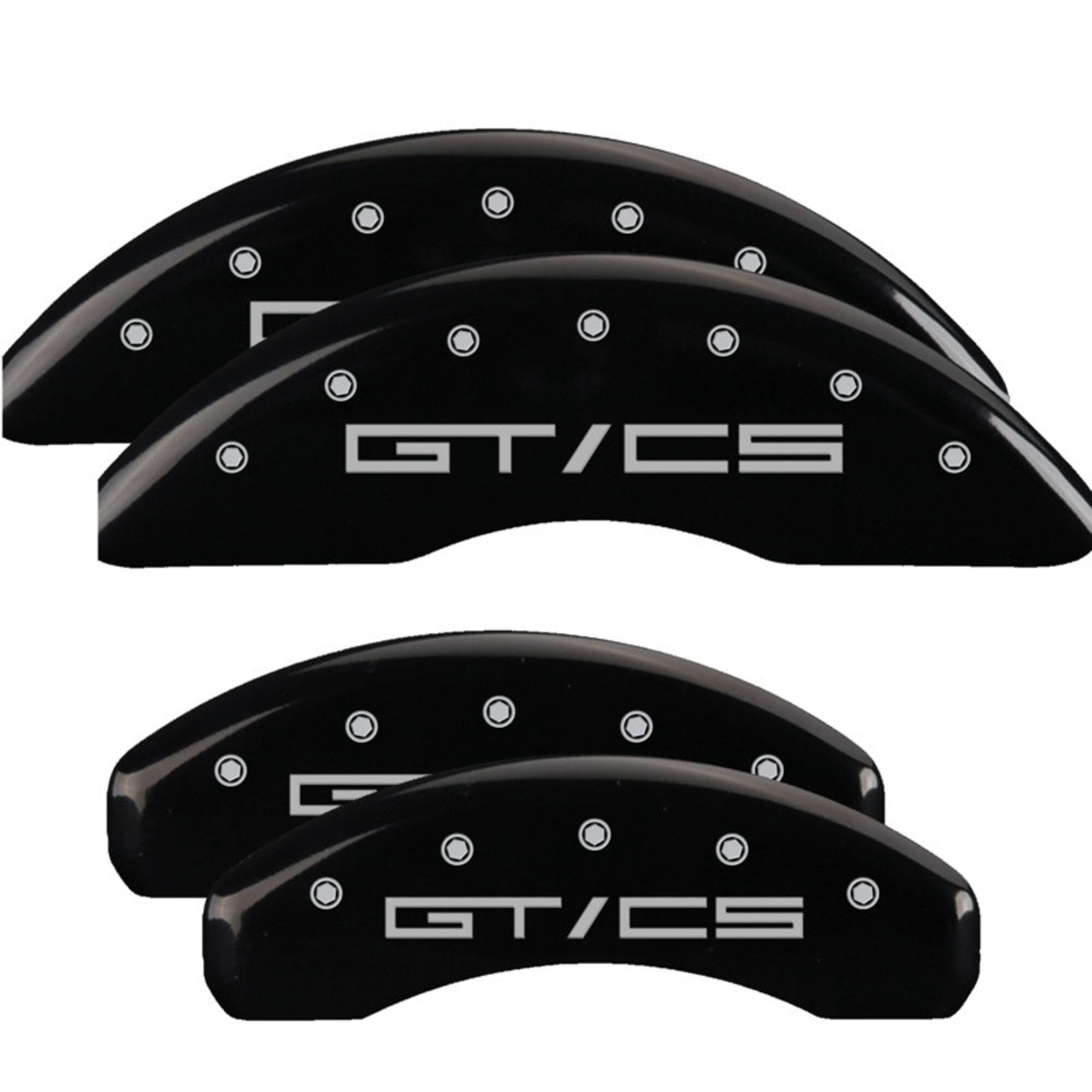 Brake Caliper Covers MGP for Ford Mustang GT, GT Premium 2015-2023 - Black Powder-Coated Finish, Engraved Silver GT/CS Logo, Front and Rear Caliper Covers (Set of 4)