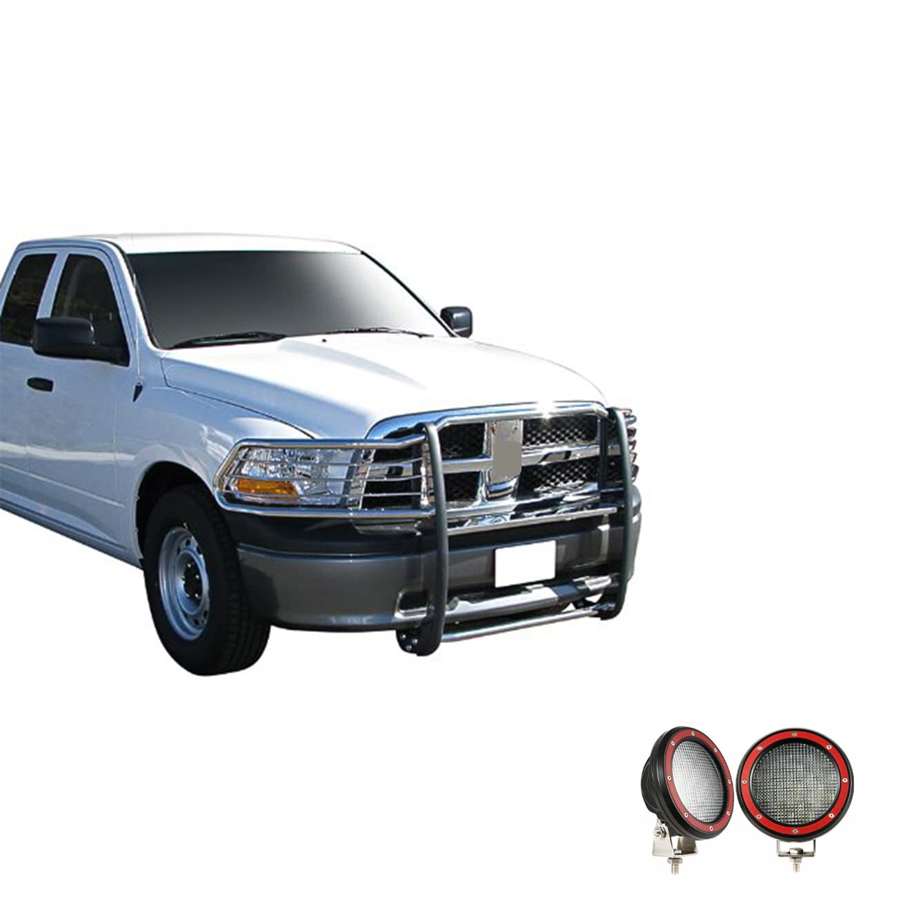 Bumper Guard Black Horse Grille Brush Modular Stainless Steel Come with Pair of 5.3" LED Lights with Red Trim Rings Compatible with 2009-2018 Dodge Ram 1500|2019-2024 Ram 1500 Classic-17DG109MSS-PLFR