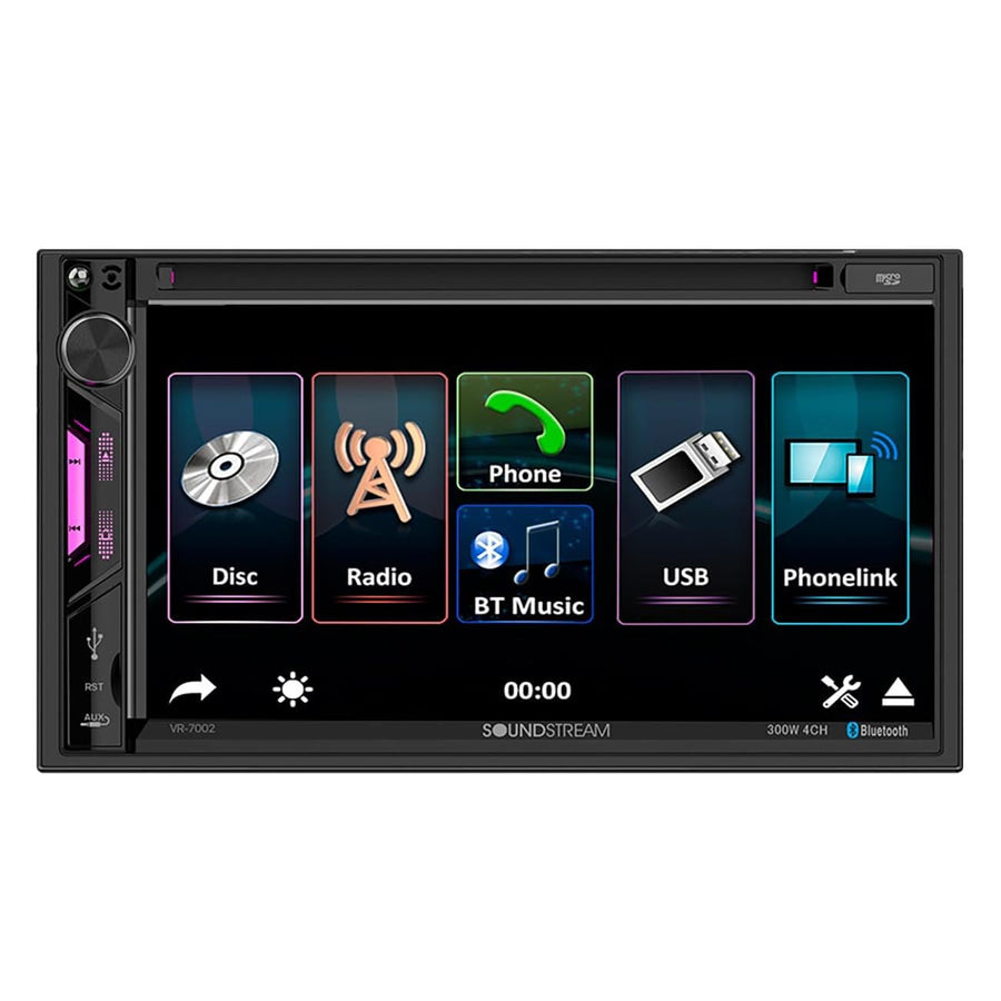 Soundstream 2-DIN VR-7002 7" DVD/CD Multimedia Headunit DVD, USB & Aux Inputs for Media Playback with Bluetooth Phone Calling & Audio Streaming