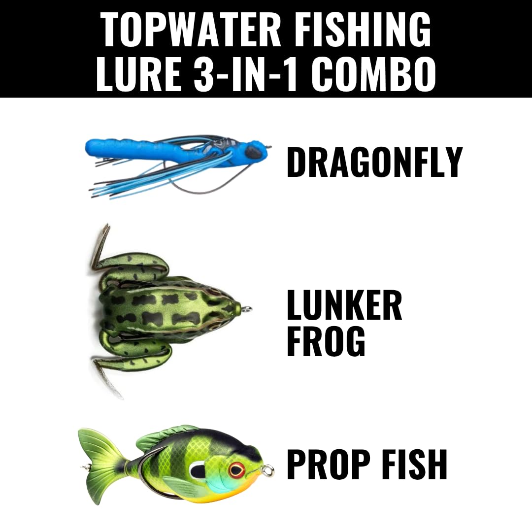 Lunkerhunt TOPCOM01 Combo Topwater – Assortment | Dragonfly, Lunker Frog, & Prop Fish | Durable Fishing Lures